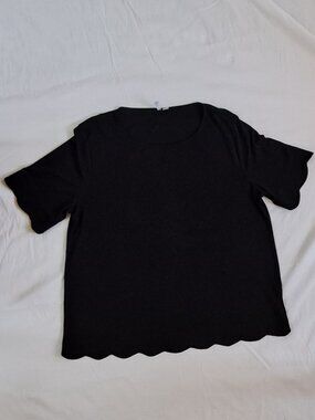 Elle, Black, Scalloped Short Sleeve, XL, Business, T-Shirt, Casual, Blouse